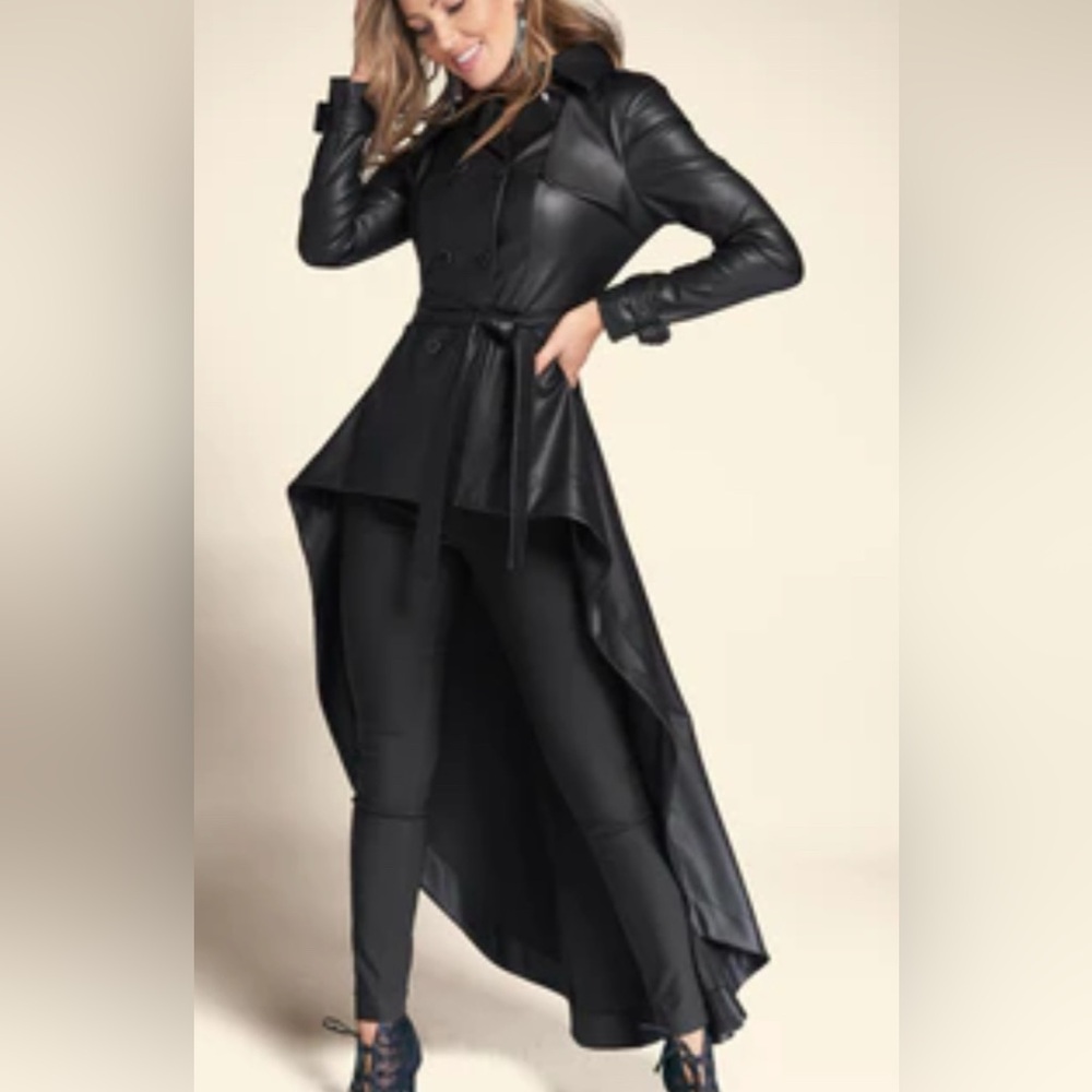 VENUS Black Trench Coat with Asymmetrical Peplum